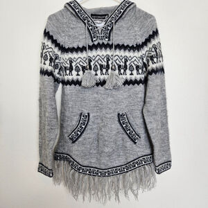Alpaca Connection Sweater Womens Size M Gray Wool Hooded Pullover Fringe Pocket